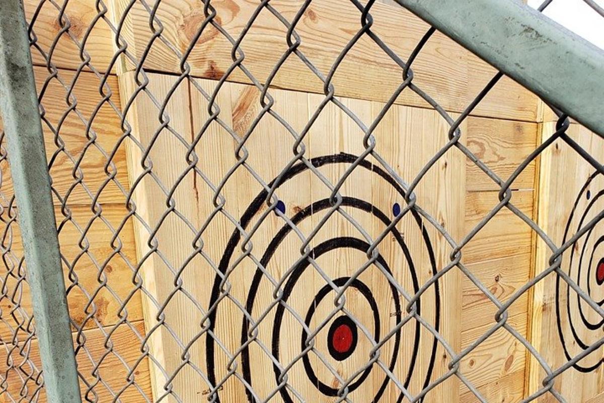 a chain link fence in front of a wooden wall