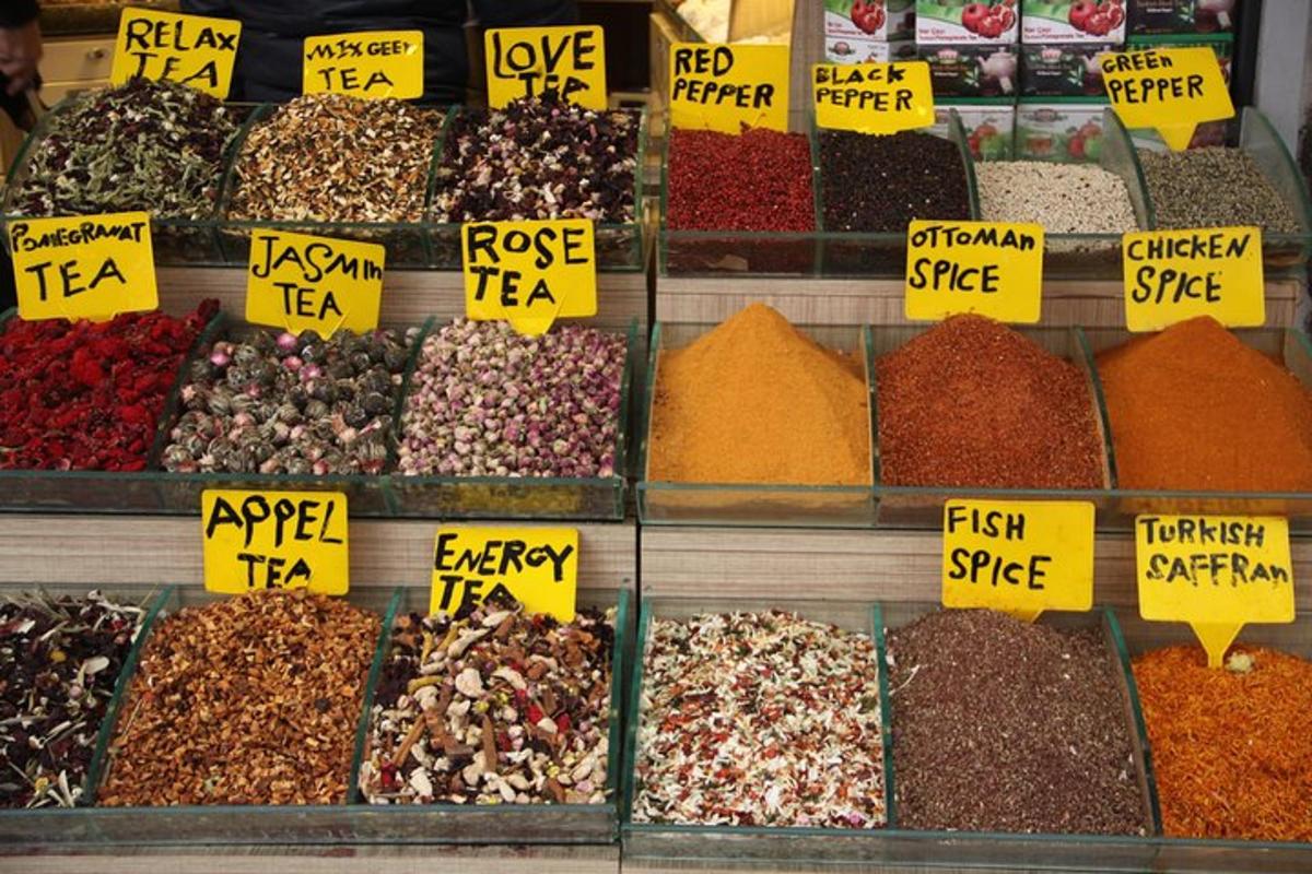 a display of different types of spices in a market