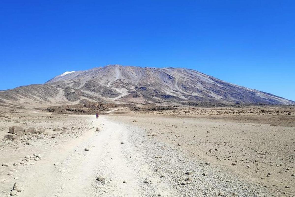 a mountain in the middle of a desert with a dirt road