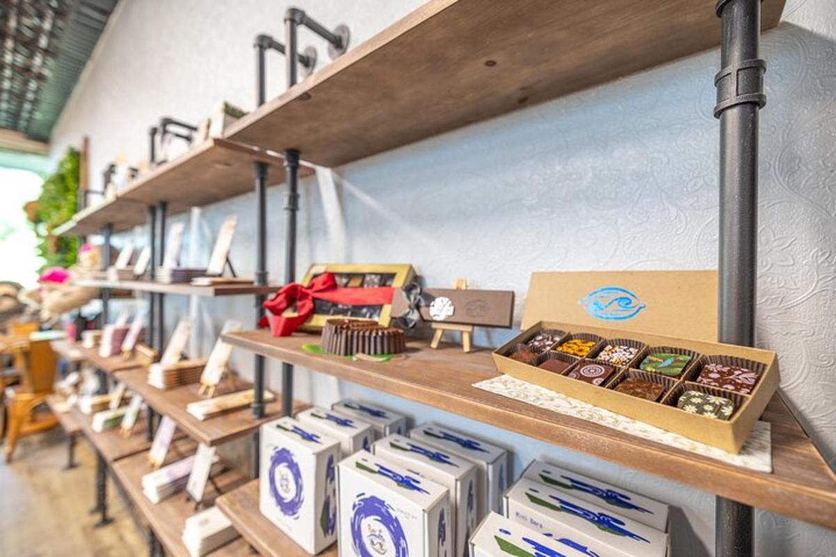 a store with shelves of pastries and boxes on them