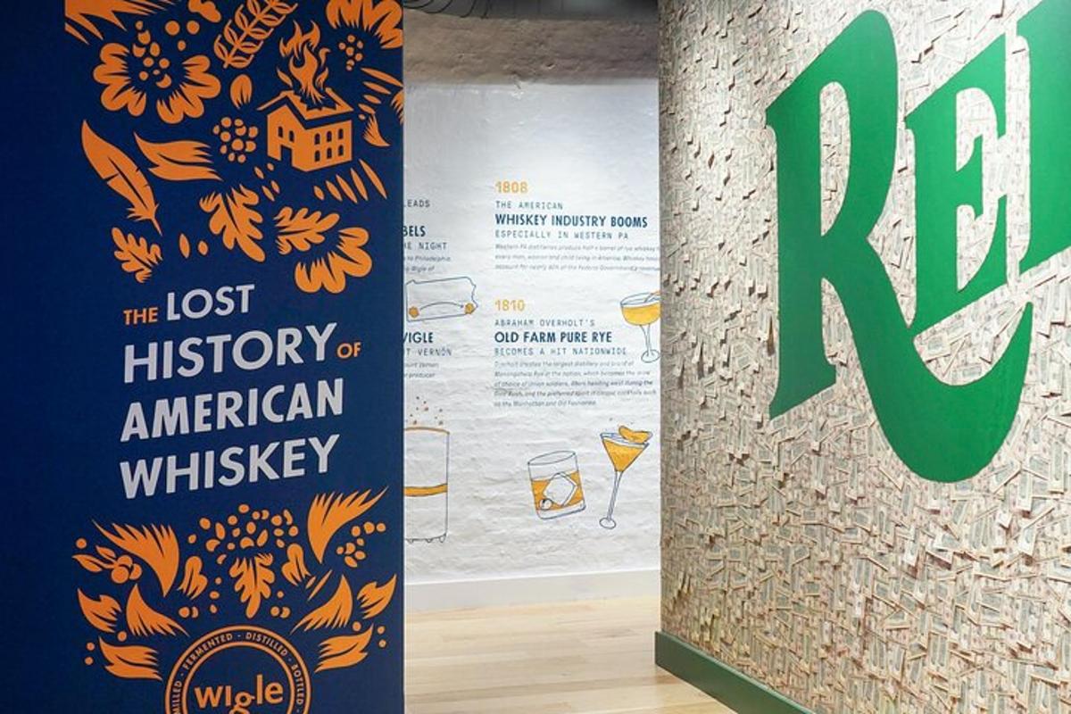 a sign for the lost history of american whiskey next to a wall