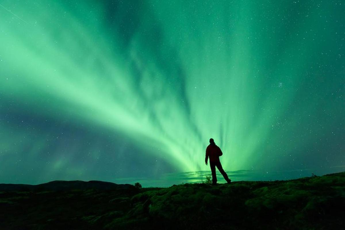 a person is standing under the aurora borealis