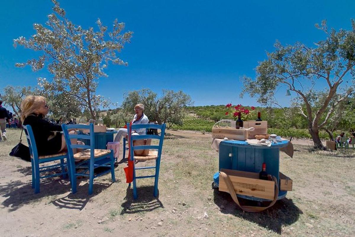 Dos personas sentadas en sillas en una mesa en un campo.