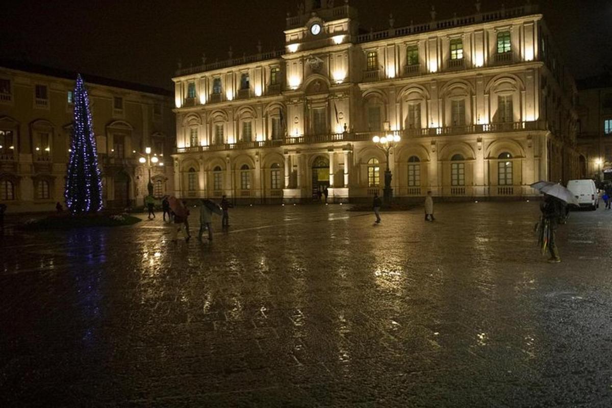 a large building with a christmas tree in front of it