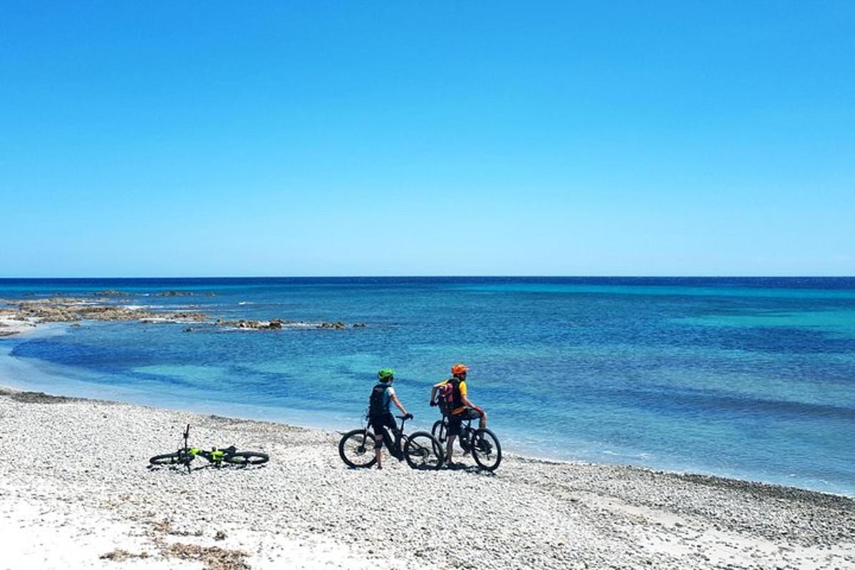 due persone in bicicletta su una spiaggia vicino all'acqua