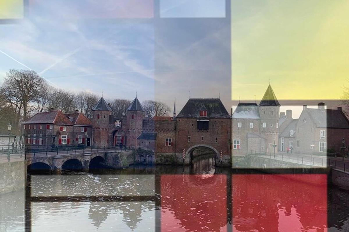 a collage of buildings and a bridge over a river