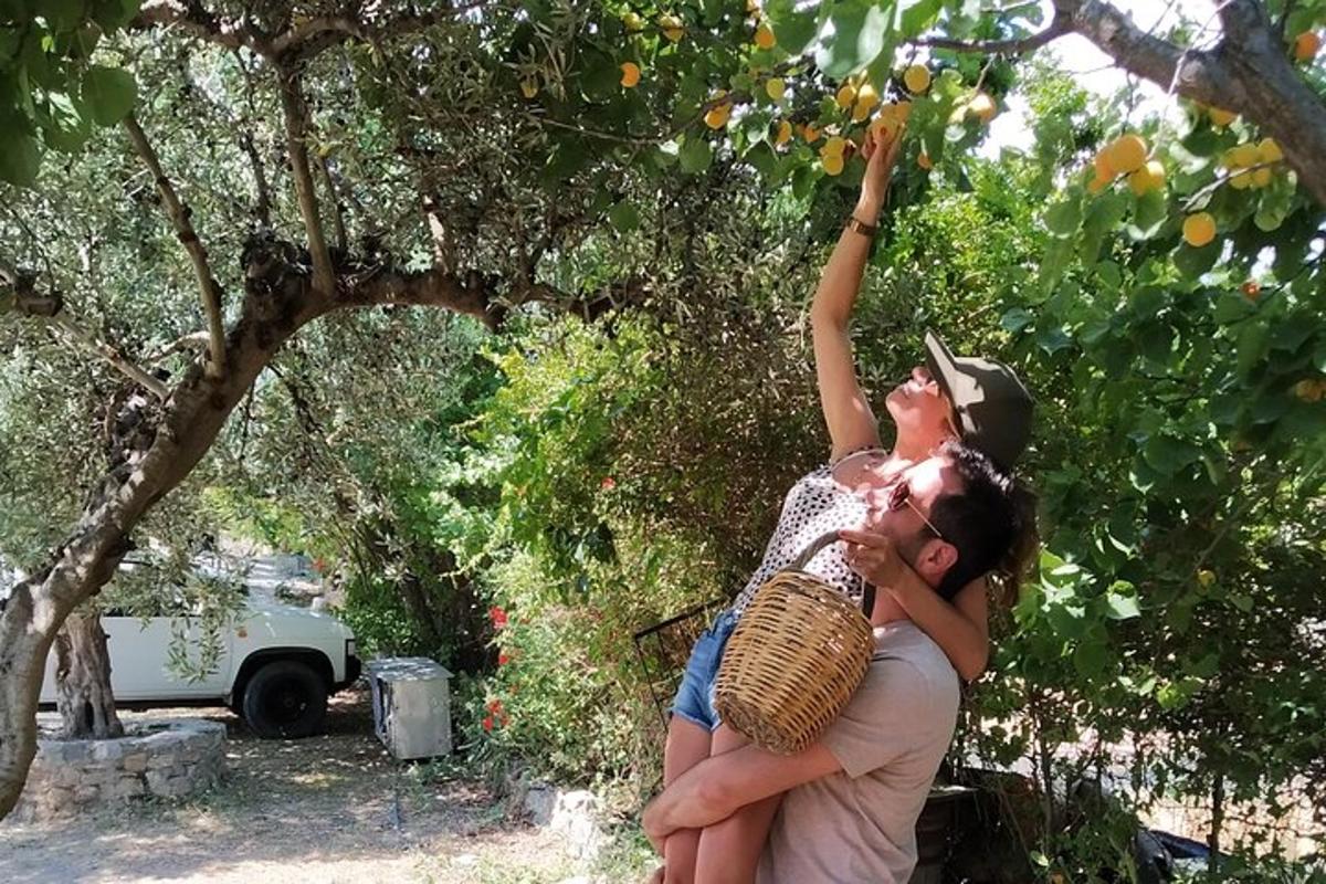 kona sem heldur á barni sem hangir á appelsínutré