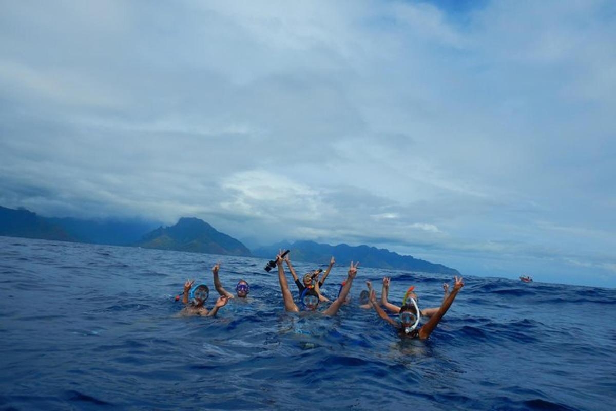 a group of people in the water with their arms in the air