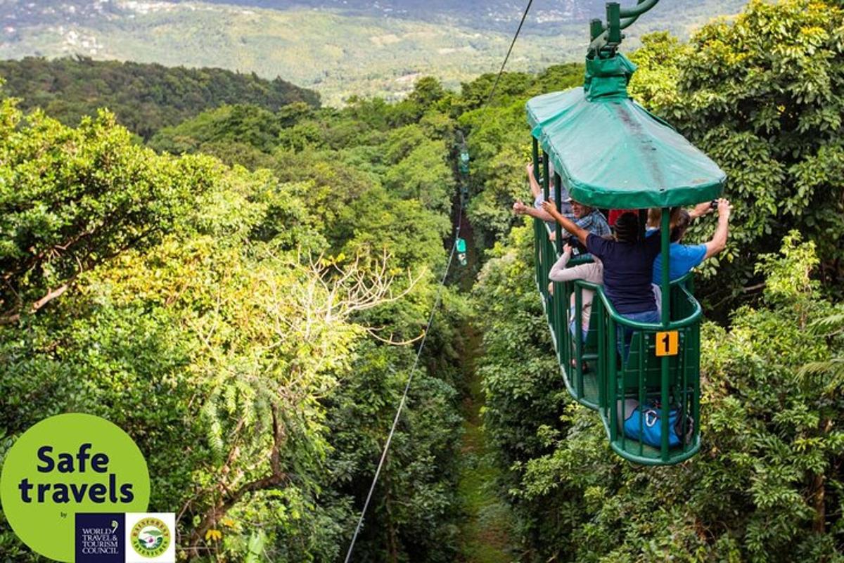 a group of people riding a zip line in the jungle