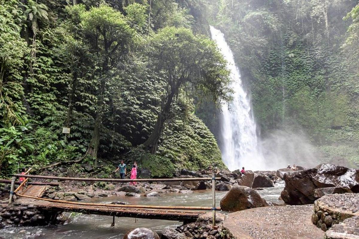 pessoas em pé em uma ponte em frente a uma cachoeira