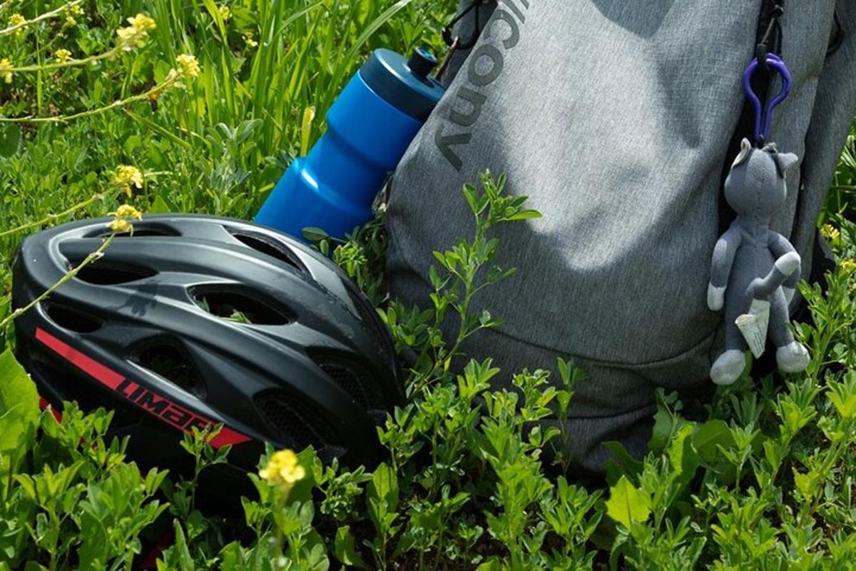 a helmet sitting on the grass next to