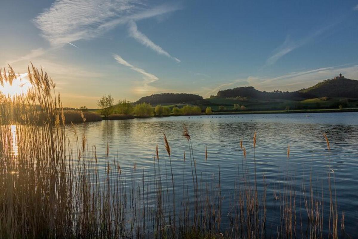 a body of water with grass in the foreground