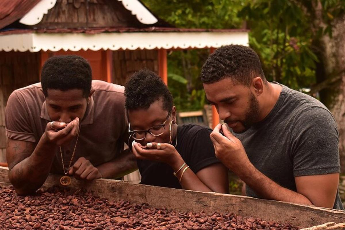 three men are looking at a pile of food