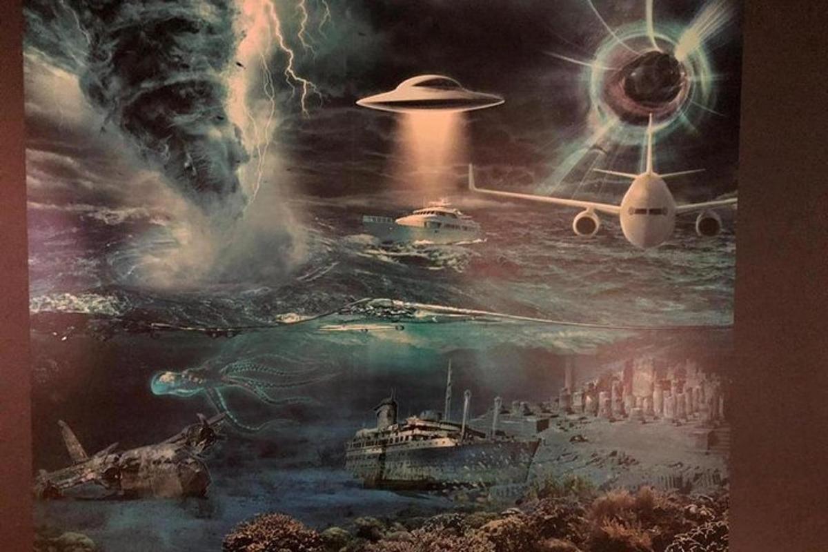 a painting of a storm with a plane and ships