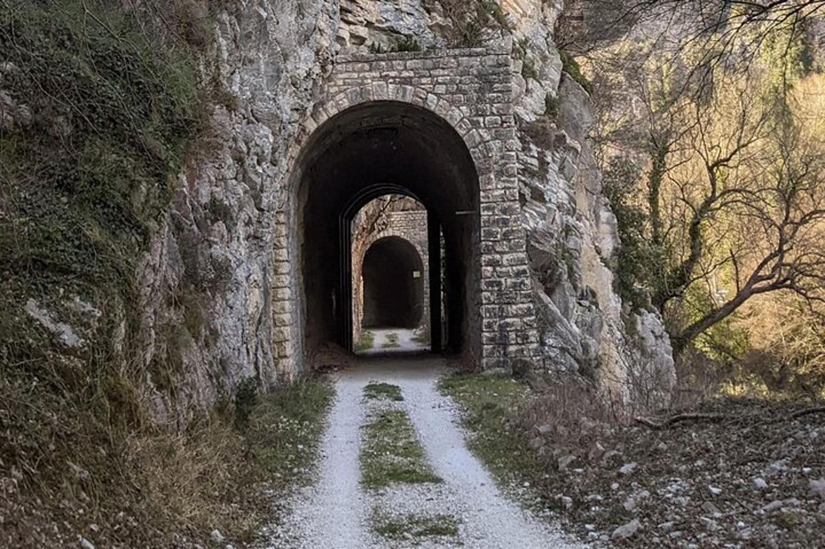 un tunel într-un zid de piatră cu un drum de pământ