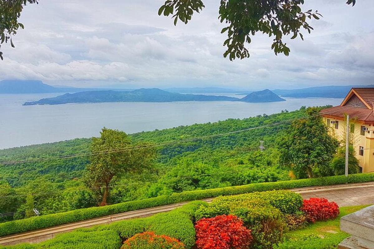 a view of the ocean from a house with flowers