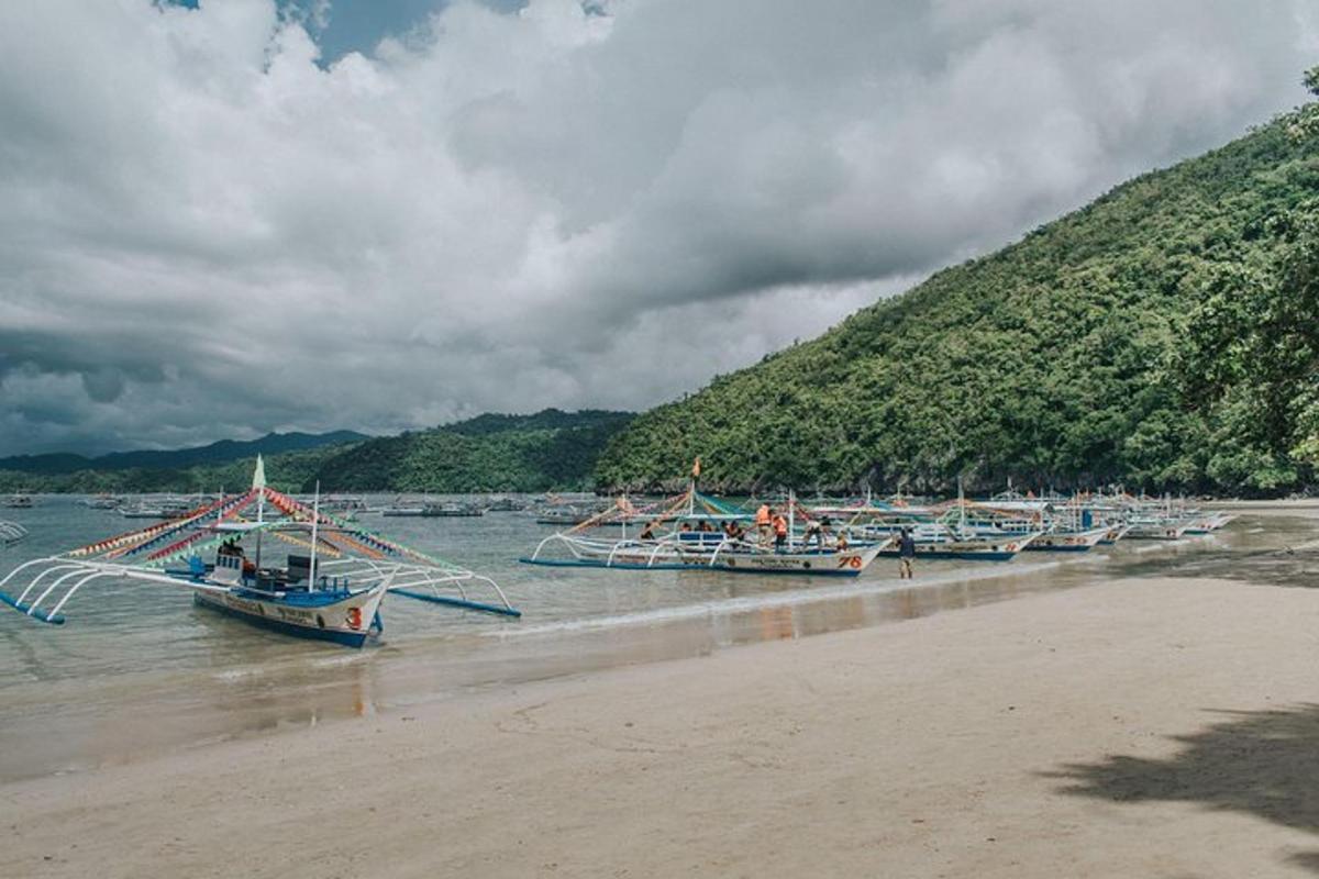 a group of boats in the water on a beach