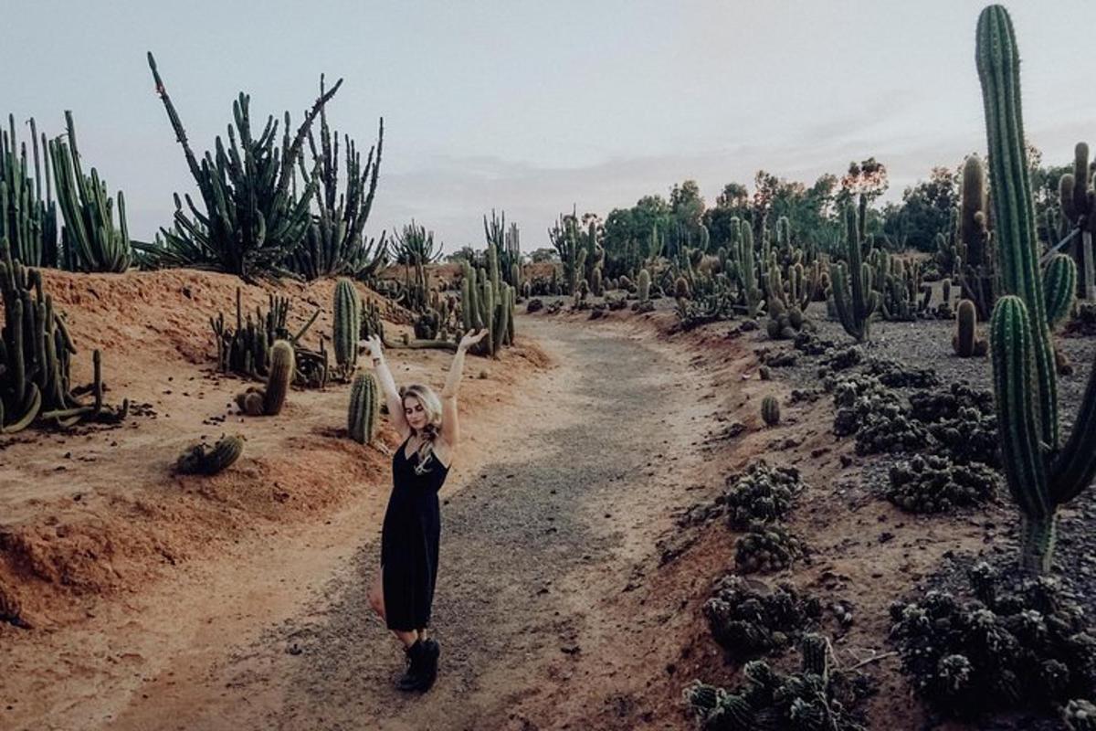a woman walking down a dirt road near cactus