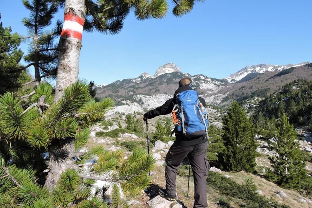 a man with a backpack standing on top of a mountain