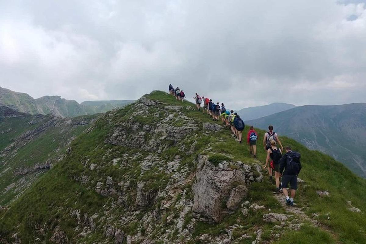 a group of people walking on top of a mountain