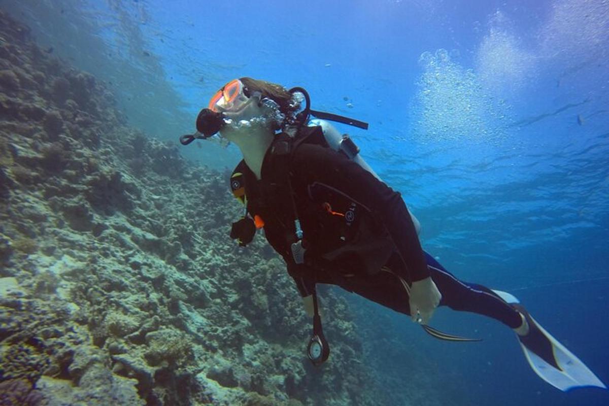 Žena se potápí v oceánu na útesu