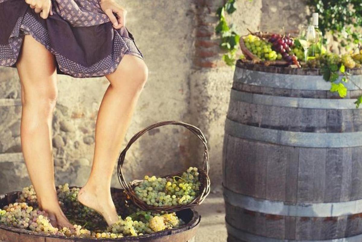 a woman in a dress sitting on a barrel of grapes