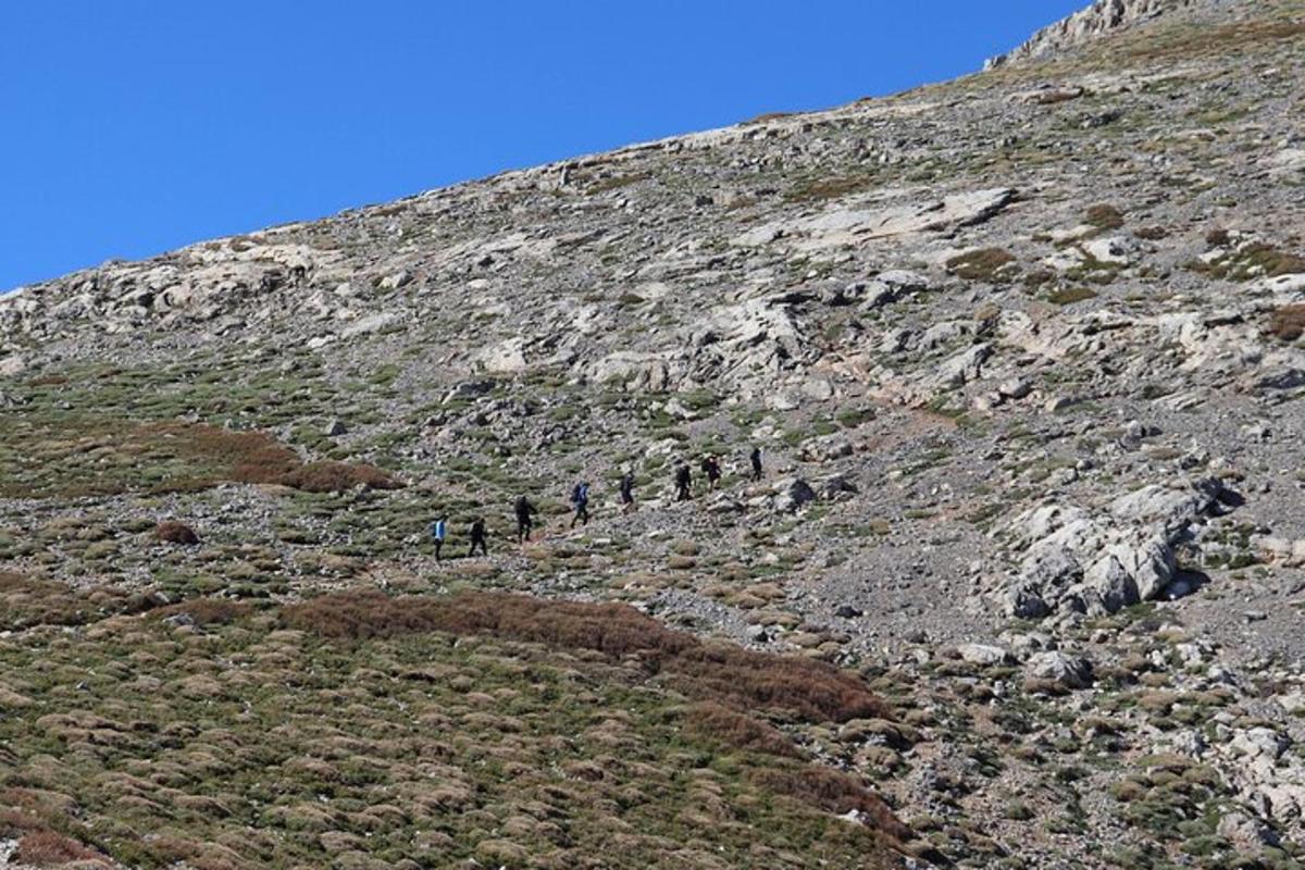 sekumpulan orang berjalan di sisi gunung