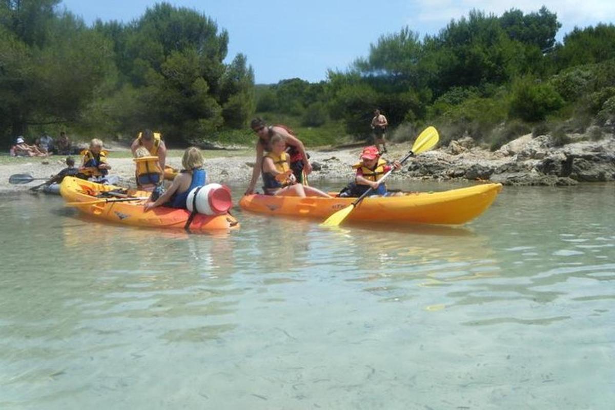 a group of people in kayaks on a river