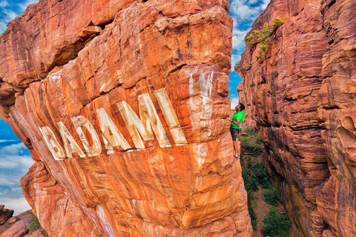 a person standing in the middle of a rock formation