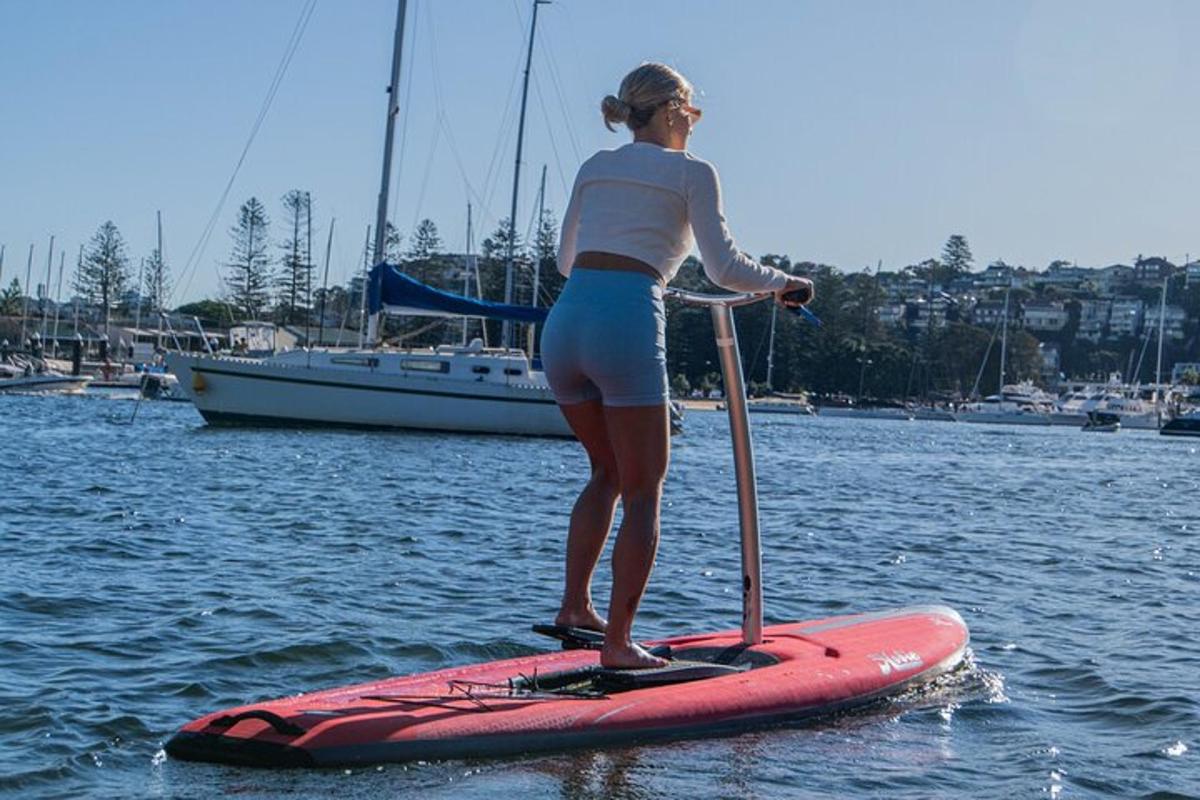 eine Frau, die auf einem Stand-Up-Paddle-Board im Wasser steht