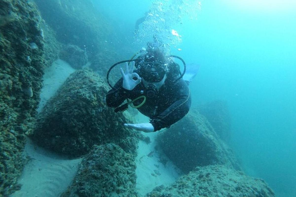 a person is standing in the water near a reef