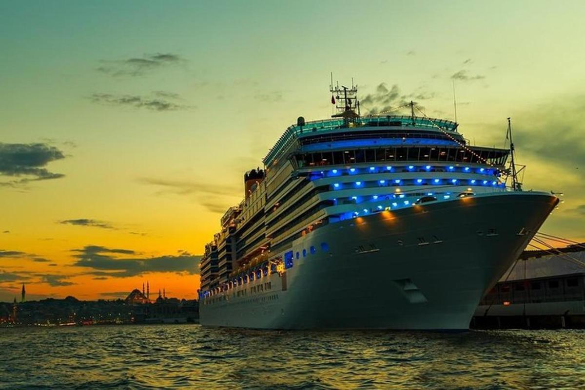 a cruise ship docked in the ocean at sunset