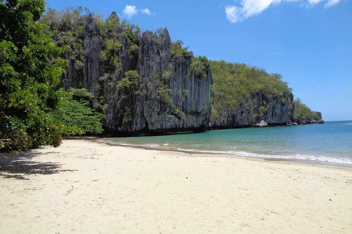 ein Sandstrand mit einer felsigen Insel im Meer