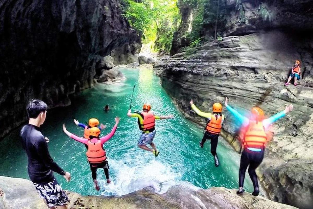 Un grupo de personas saltando de un acantilado a un río.