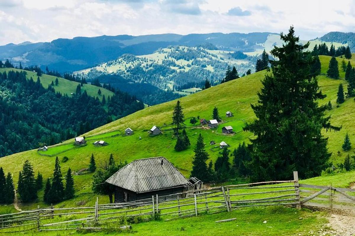 a green hill with a barn on the side of it