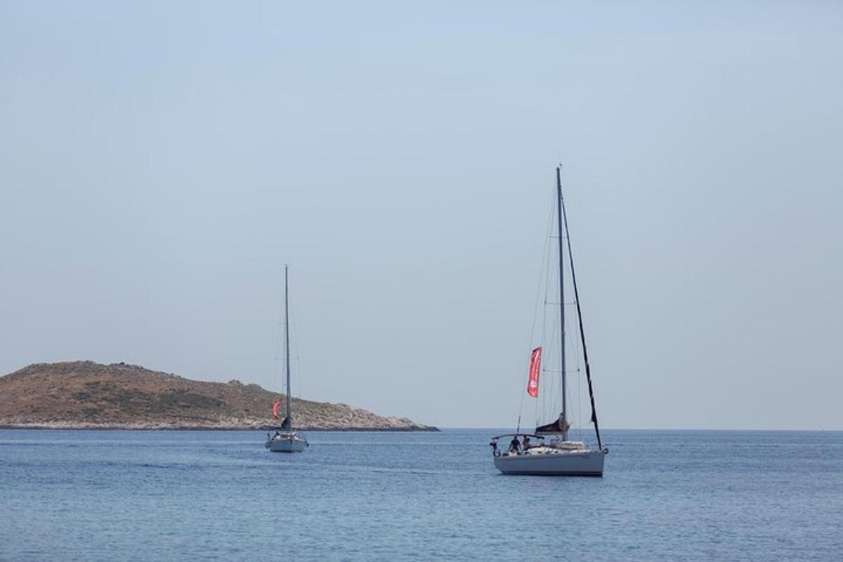 two sailboats in the water with an island in the background