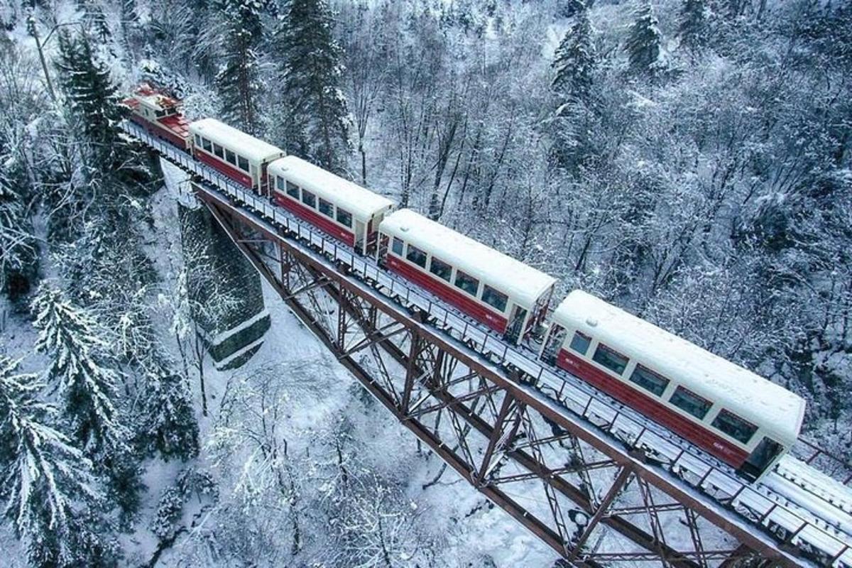 Un tren rojo y blanco en un puente en la nieve.