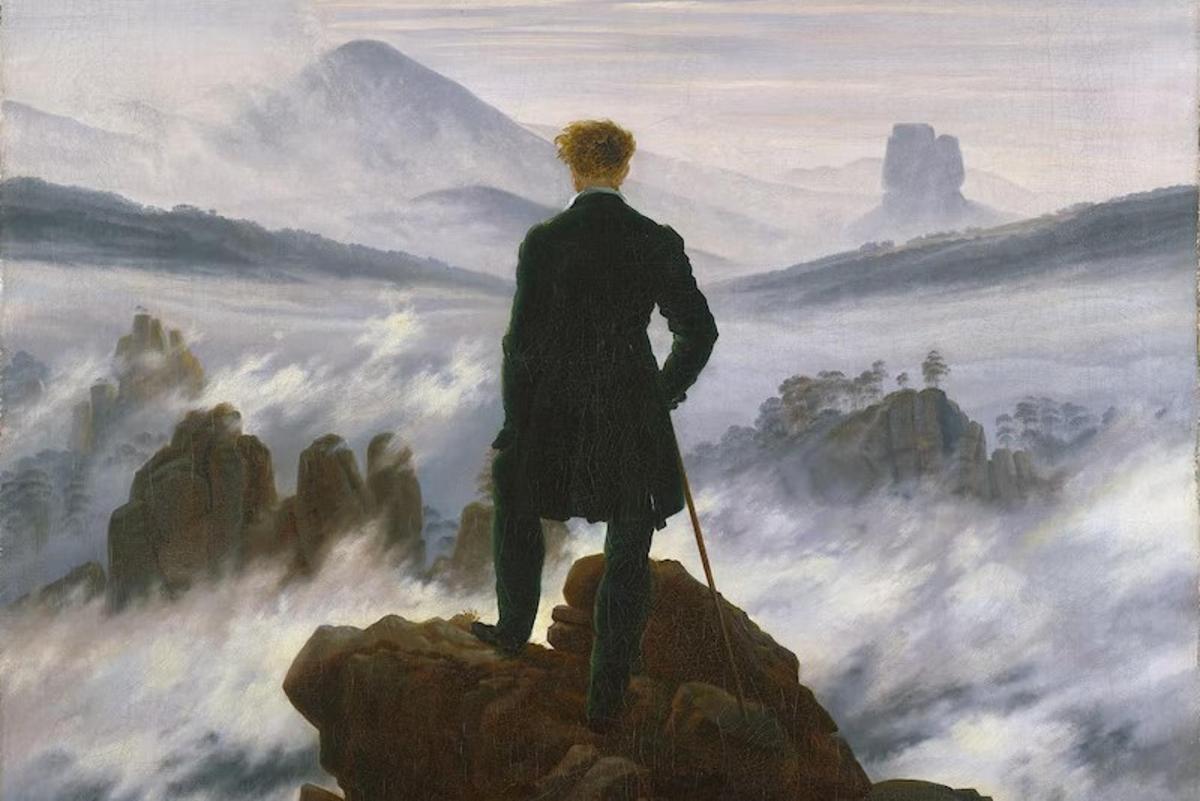 ein Gemälde eines Mannes, der auf einem Berggipfel steht