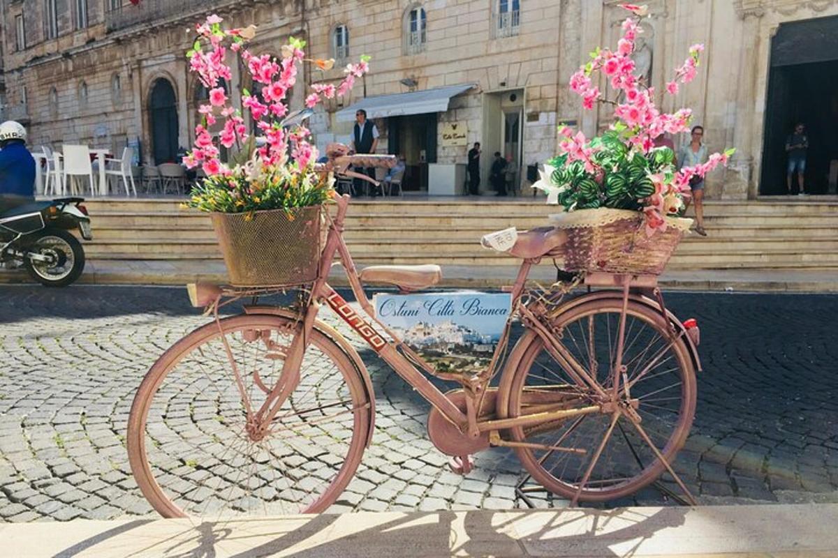 o bicicletă cu flori în coșuri pe o stradă