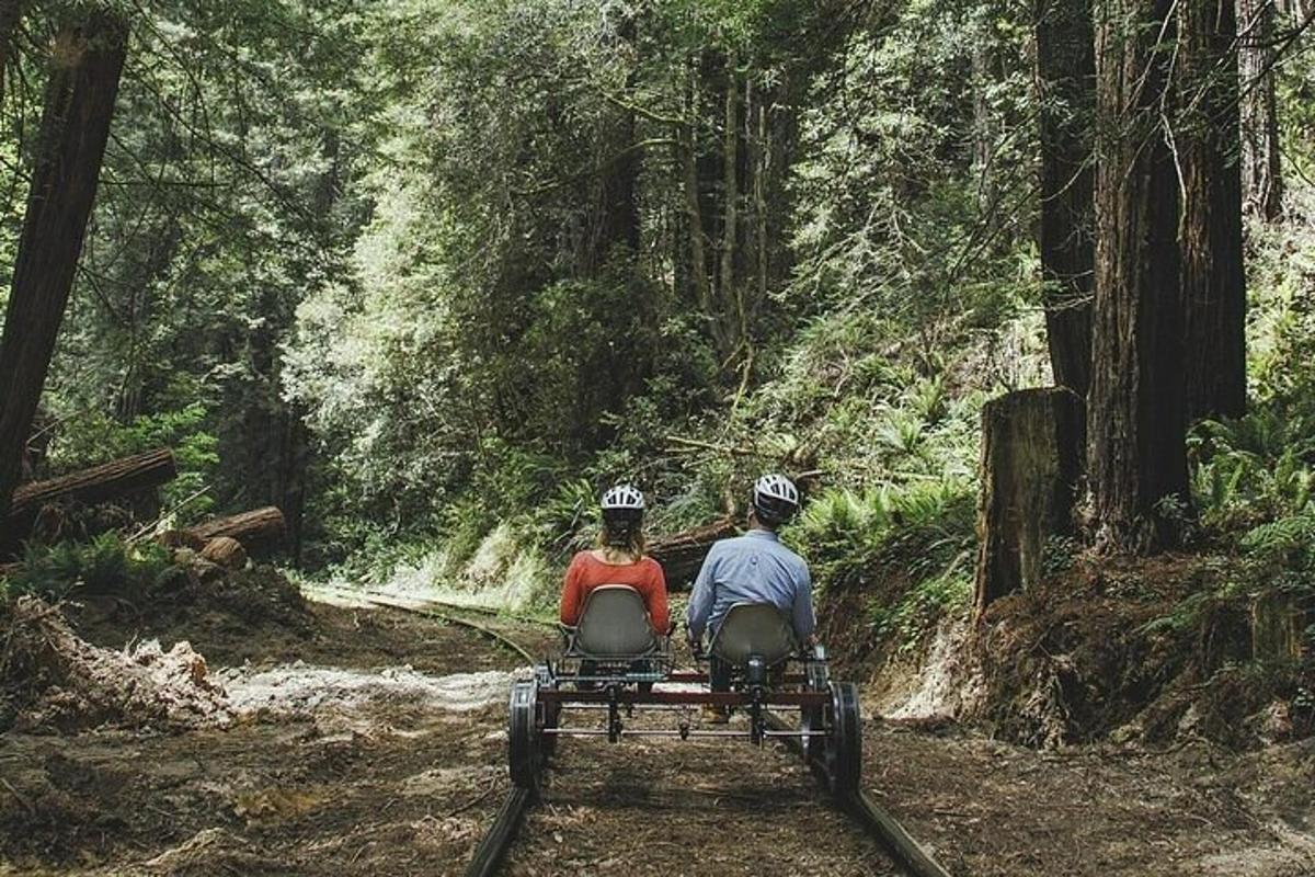 a man and woman riding in a horse drawn carriage on a trail