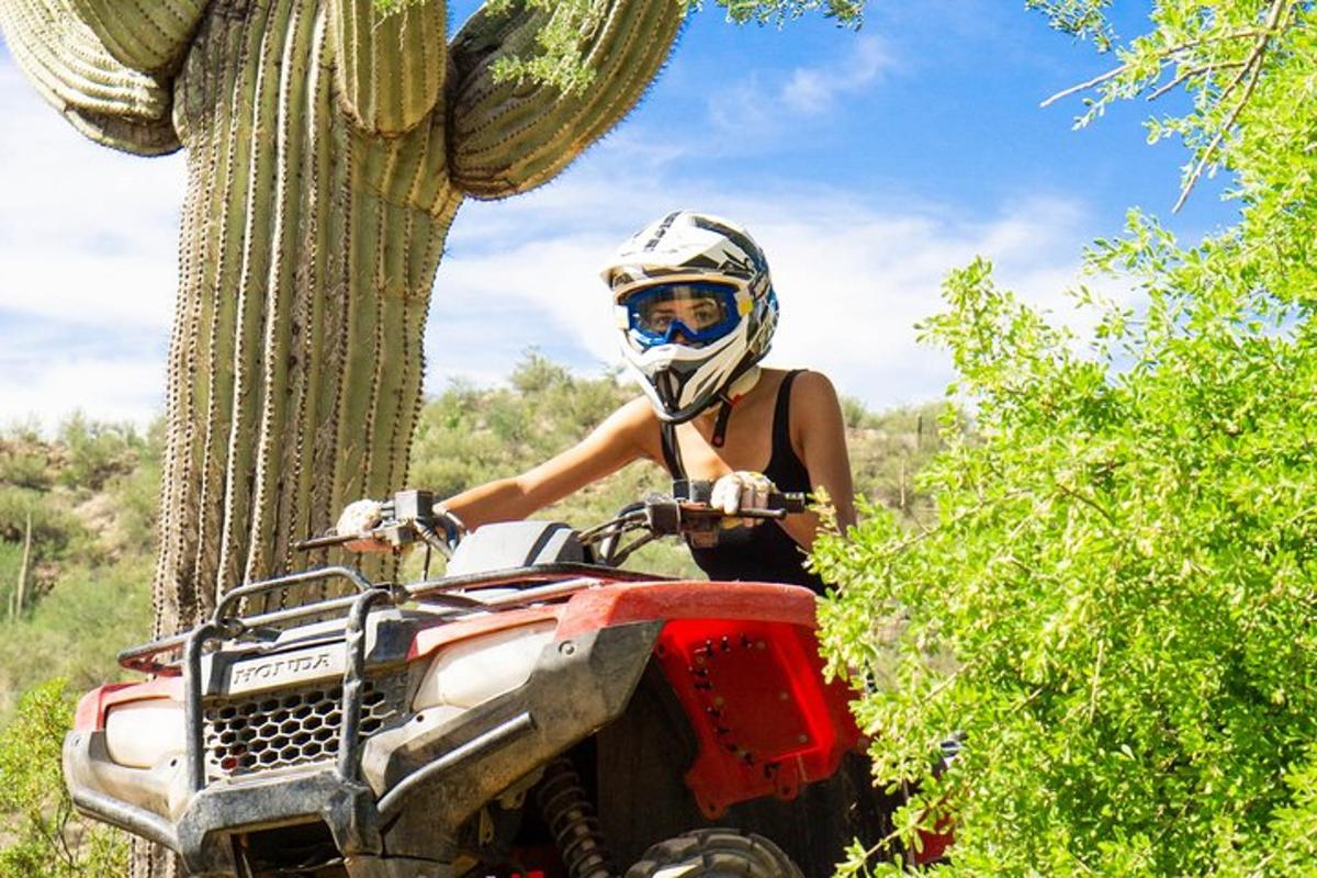 a woman is sitting on a atv next to a tree