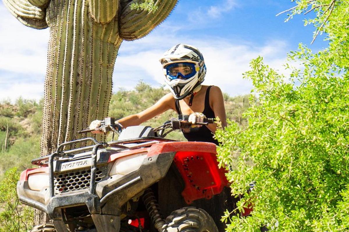 isang babaeng nakaupo sa isang atv sa tabi ng isang puno