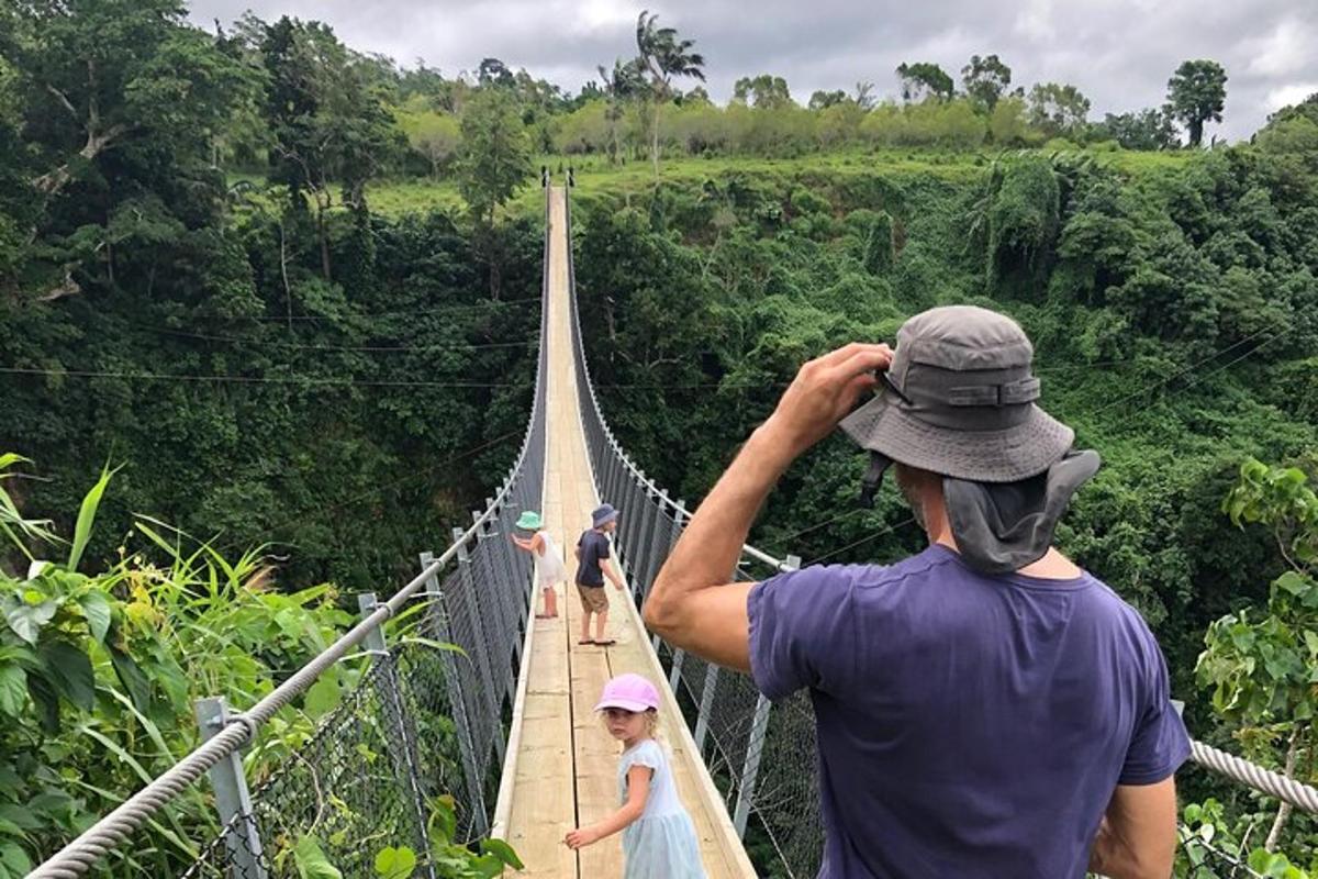 a man on a suspension bridge in the jungle