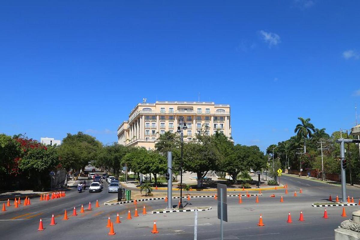 a street with orange cones in front of a building