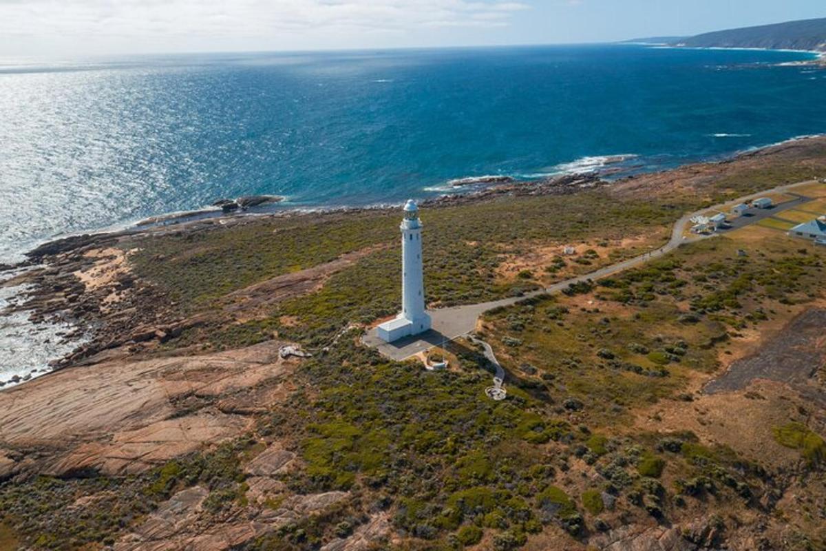 an aerial view of a lighthouse on a hill near the ocean