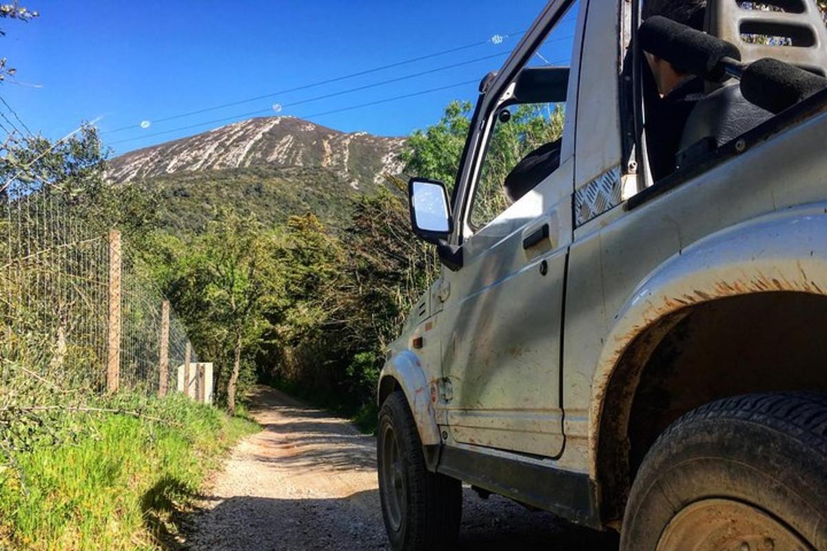 a truck parked on a dirt road with a mountain in the background