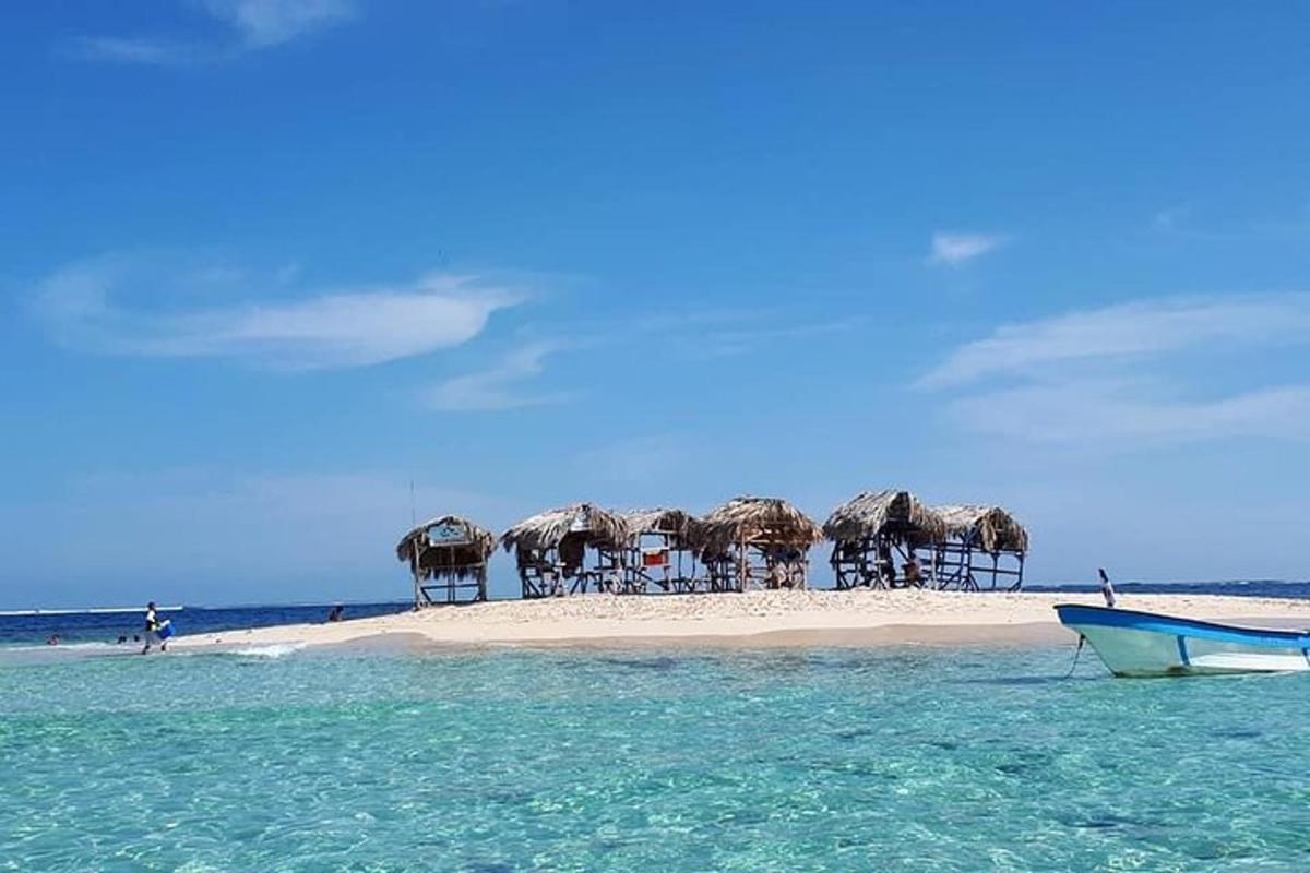 a beach with umbrellas and a boat in the water