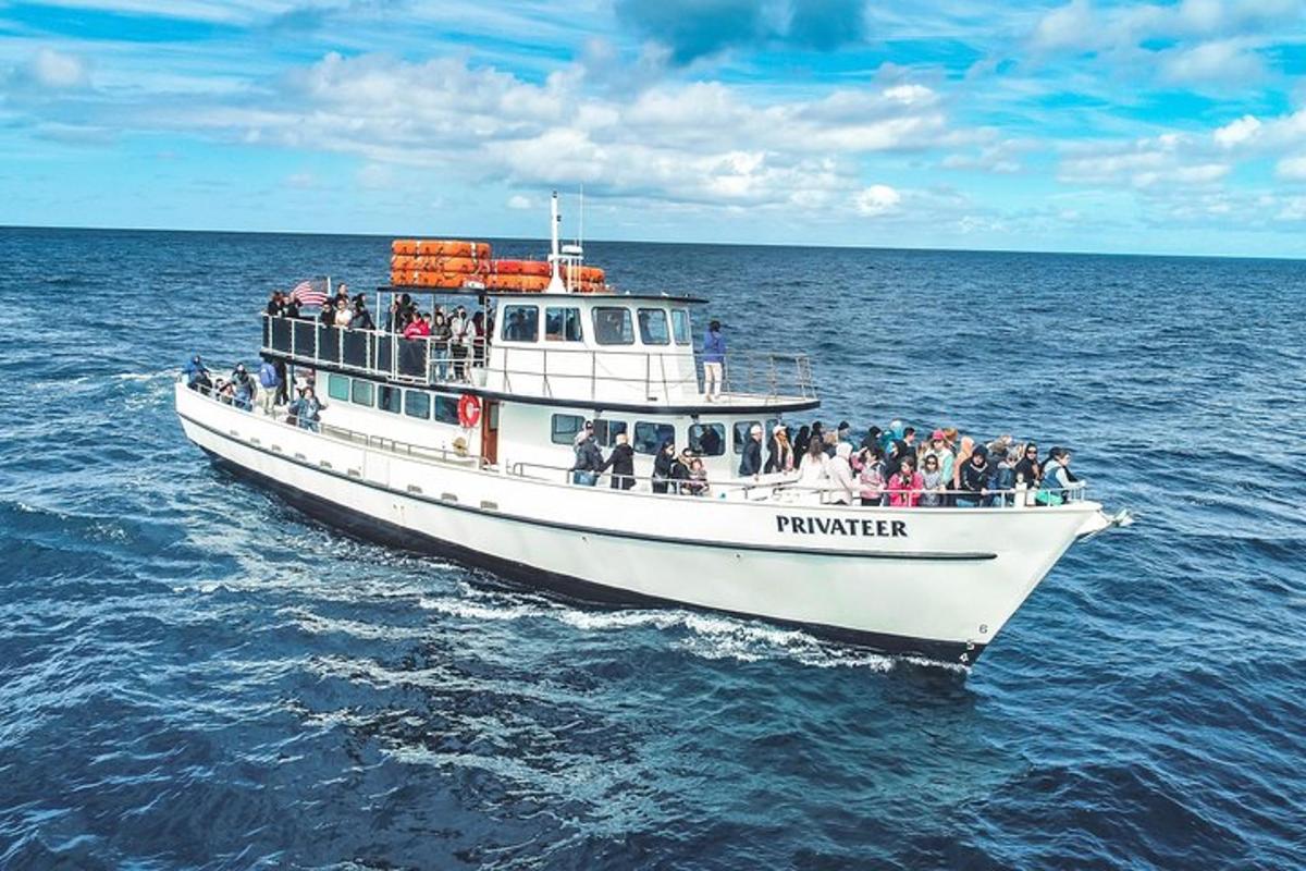 a group of people on a white boat in the water