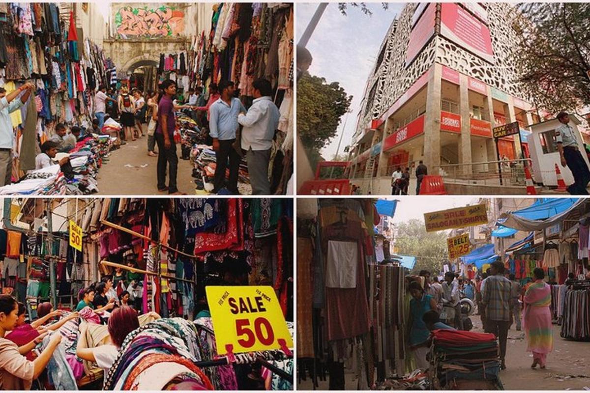 a collage of photos of a market with people walking around