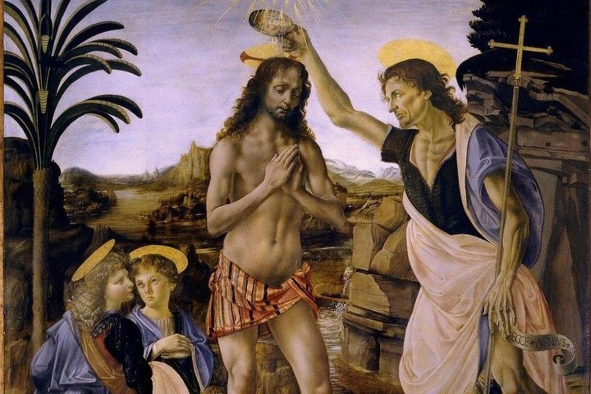 uma pintura de dois homens em pé ao lado de uma cruz